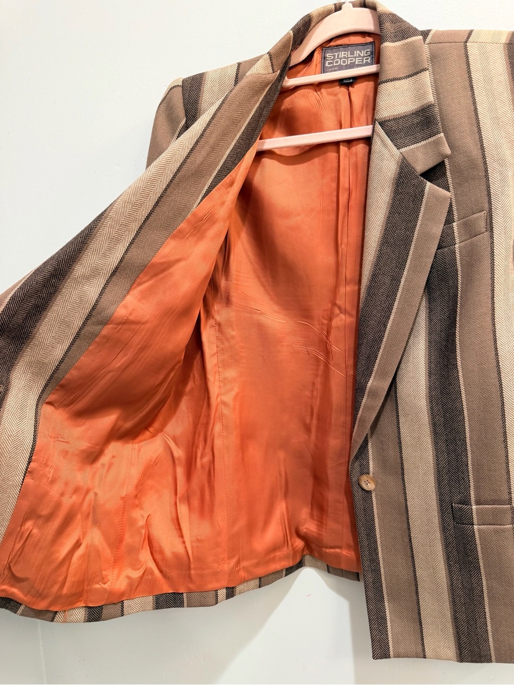 Vintage 90s Stirling Cooper London NY 100% Wool Striped Herringbone Blazer Brown - Picture 7 of 13